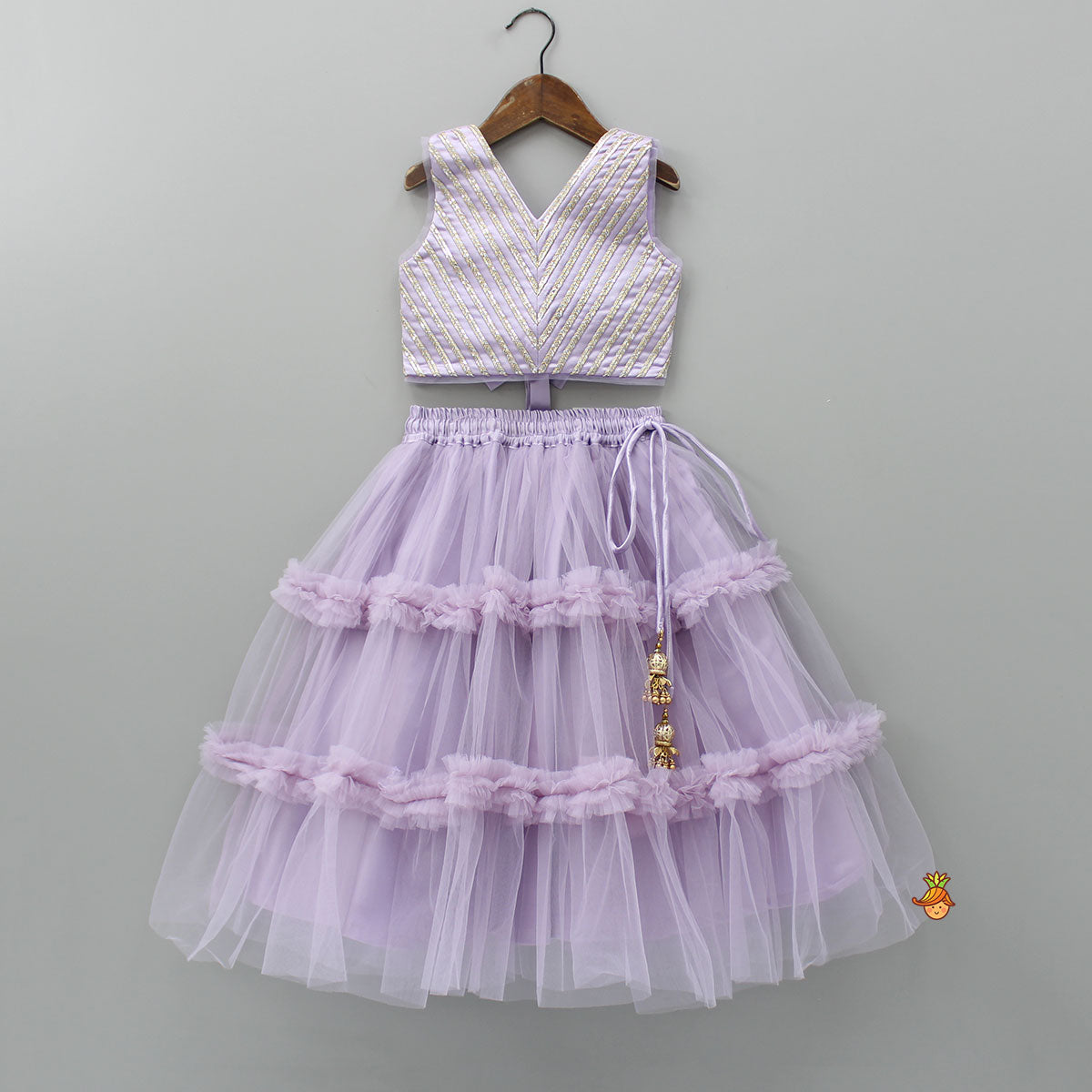 V Neck Sleeveless Lavender Top And Ruffle Frilly Lehenga