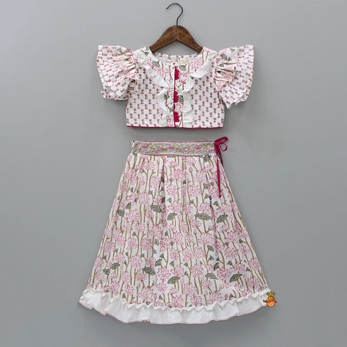 Hand Block Floral Printed Pink Frilly Sleeves Top And Lehenga