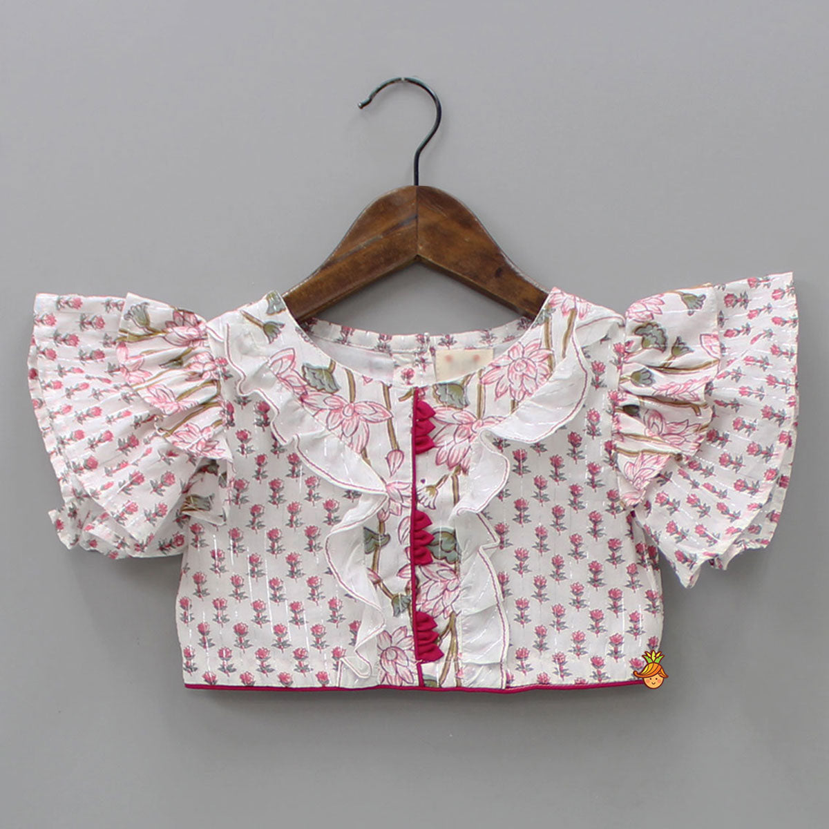 Hand Block Floral Printed Pink Frilly Sleeves Top And Lehenga