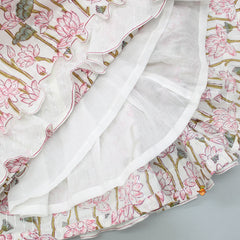 Pre Order: Hand Block Floral Printed Pink Frilly Sleeves Top And Lehenga