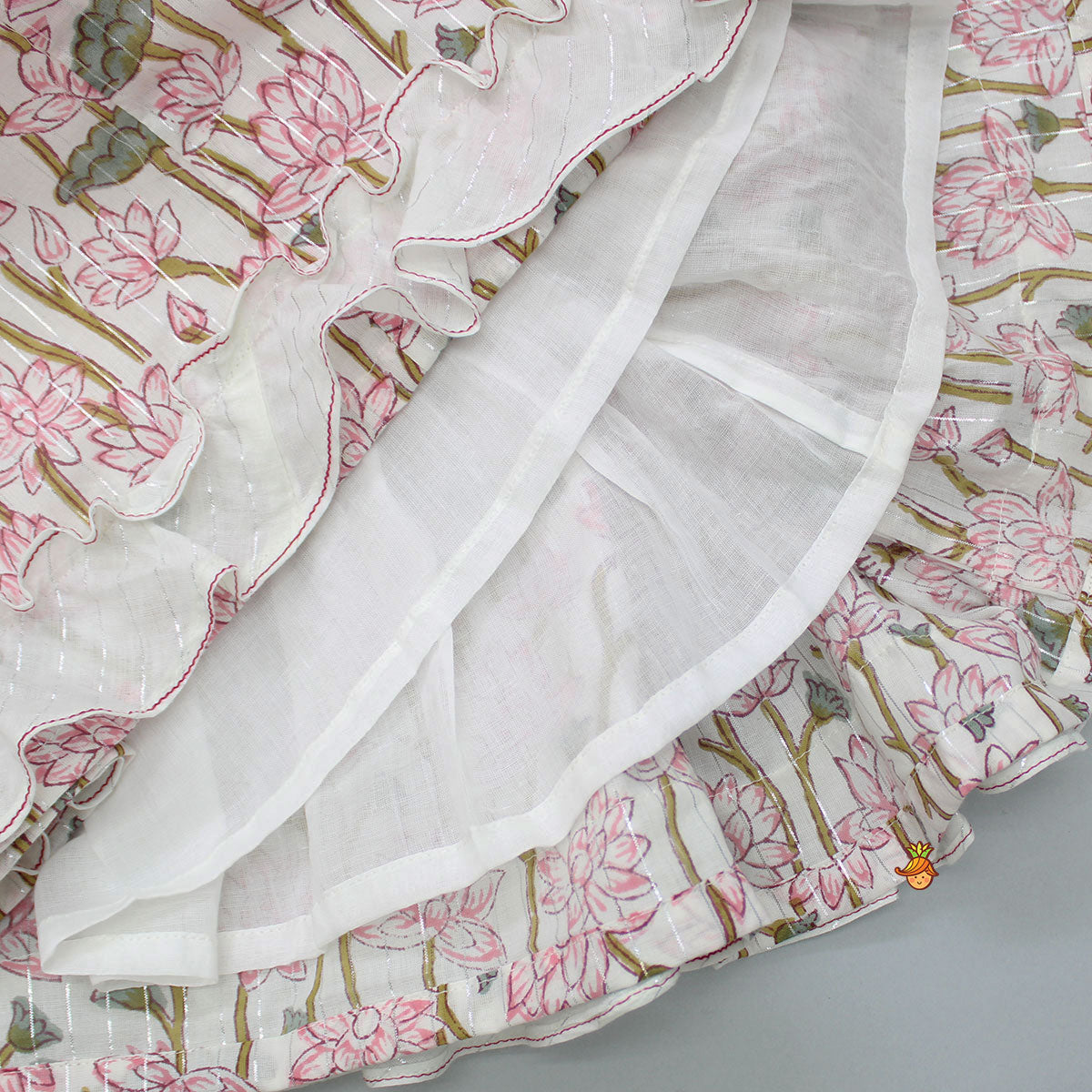 Hand Block Floral Printed Pink Frilly Sleeves Top And Lehenga