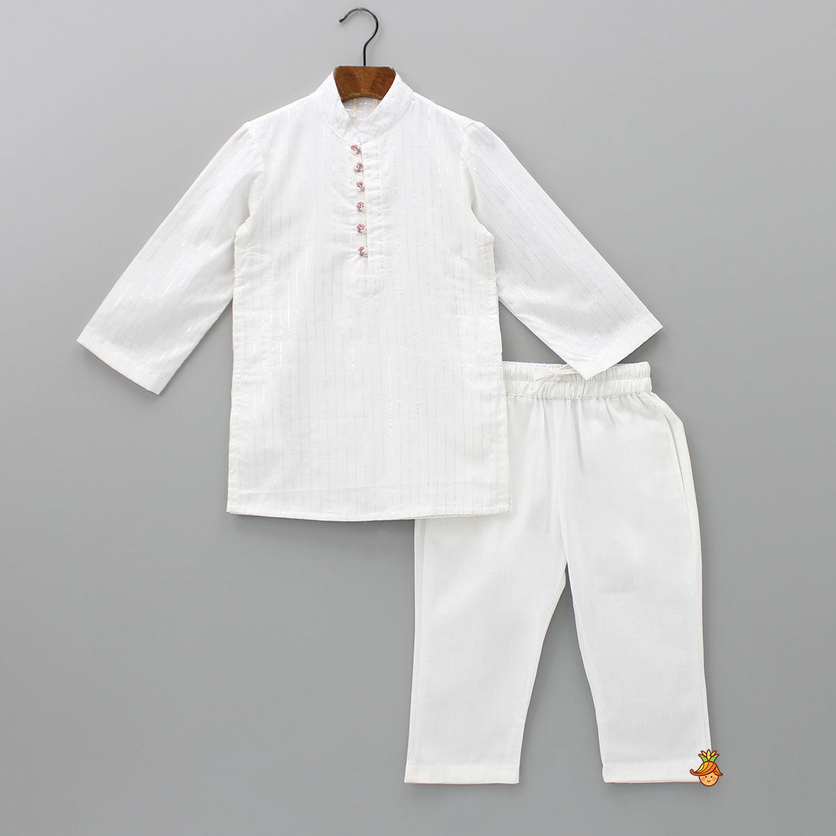 Pre Order: Cotton Lurex Striped White Kurta And Pyjama