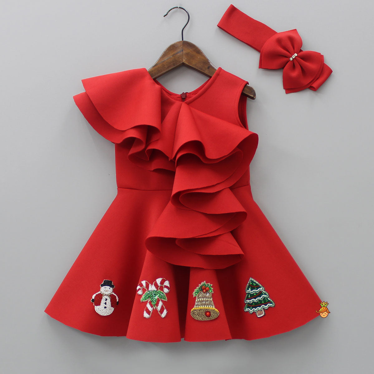 Pre Order: Christmas Theme Embroidered Red Scuba Dress With Matching Head Band