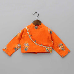 Pre Order: High Neck Orange Printed Top And Gota Flower Tassels Embellished Lehenga