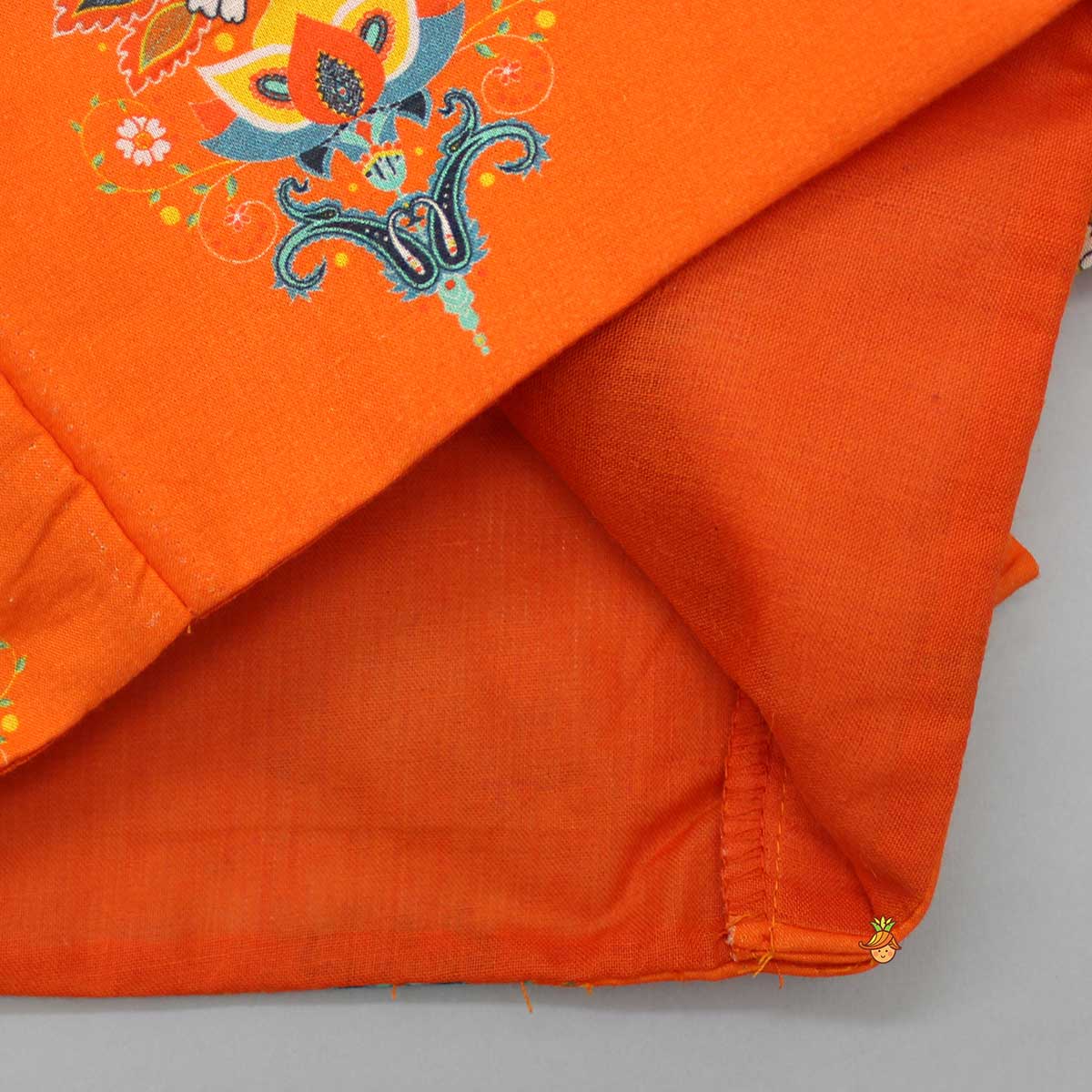 High Neck Orange Printed Top And Gota Flower Tassels Embellished Lehenga