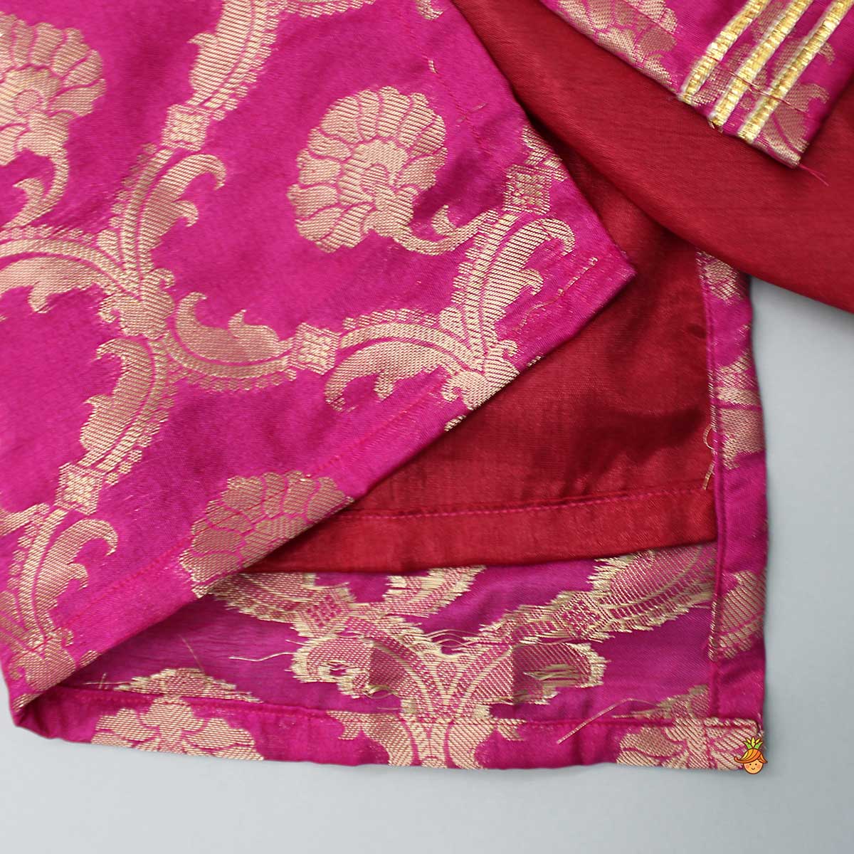 Potli Buttons Detail Brocade Rani Pink Kurti And Velvet Black Sharara With Net Dupatta