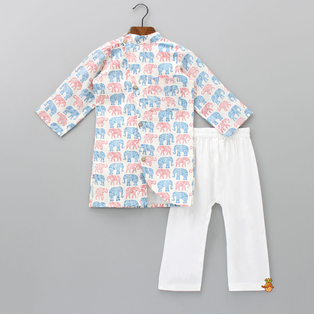 Pre Order: Elephant Printed Off White Kurta And Pyjama