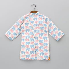 Pre Order: Elephant Printed Off White Kurta And Pyjama