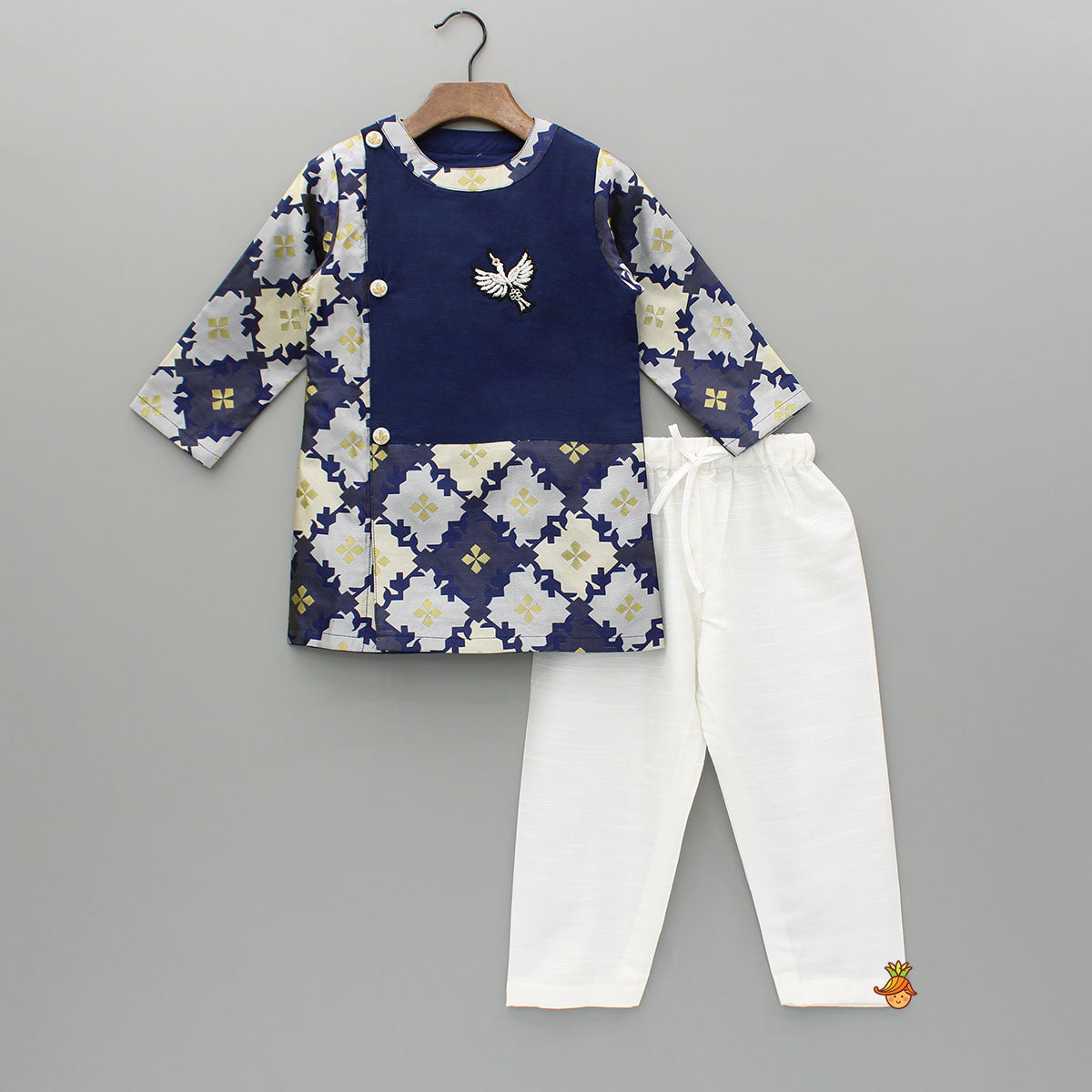 Bird Embroidered Front Open Navy Blue Kurta And Off White Pyjama