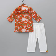 Pre Order: Pure Cotton Orange Printed Kurta And Off White Pyjama