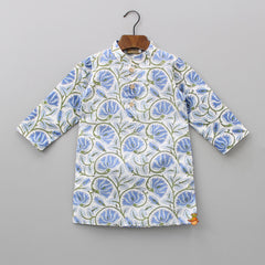 Pre Order: Flowers And Leaf Printed Pocket Detail Shaded Blue Kurta And White Pyjama