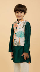 Pre Order: Bottle Green Kurta With Tree Printed Front Open Jacket And White Pyjama
