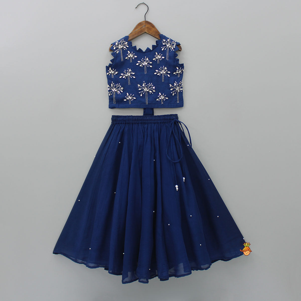 Pre Order: Royal Blue Elegant Leaf Shaped White Stones Embroidered Open Back Tie Up Top And Lehenga