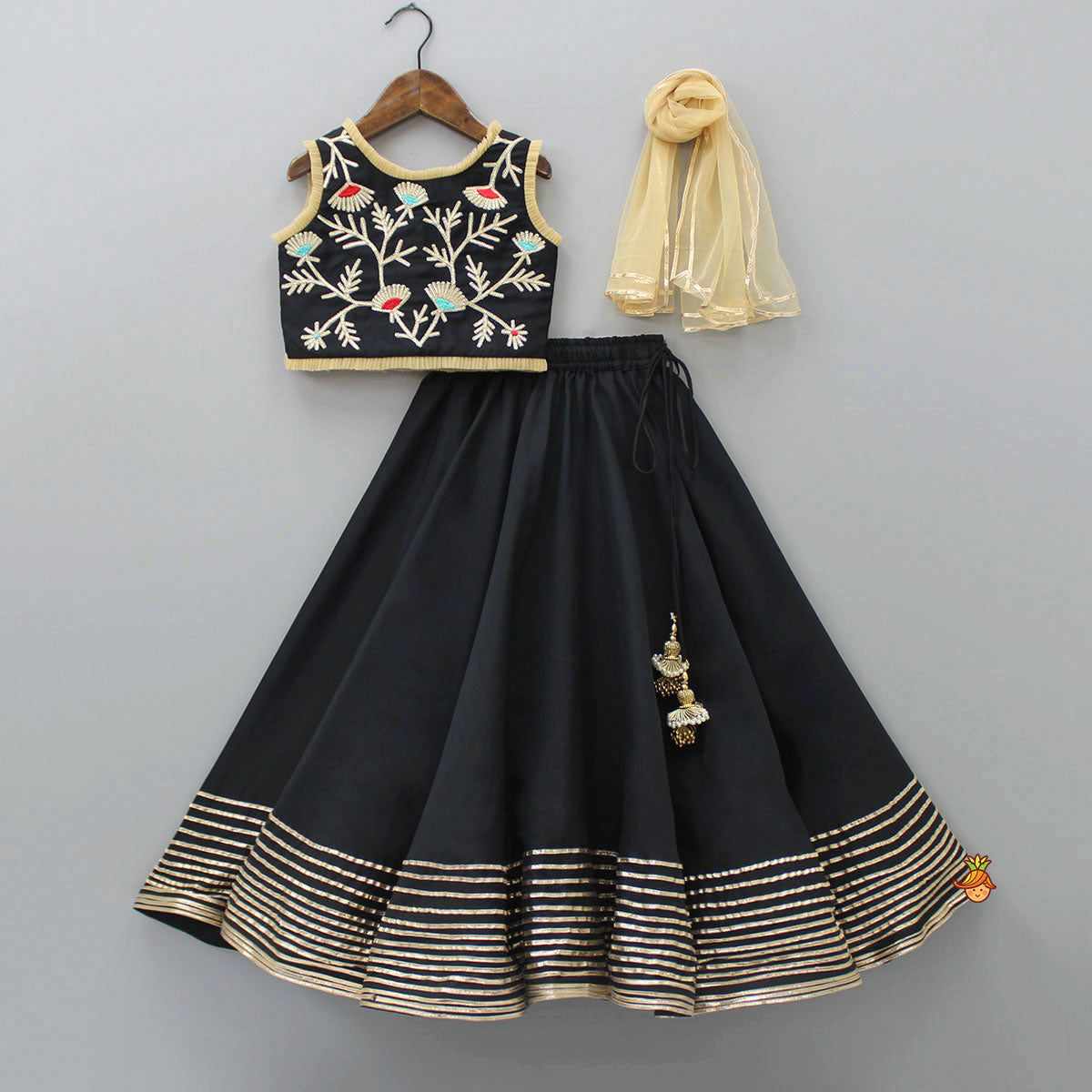 Elegant Pleated Black Top And Gota Lace Work Flared Lehenga With Beige Dupatta