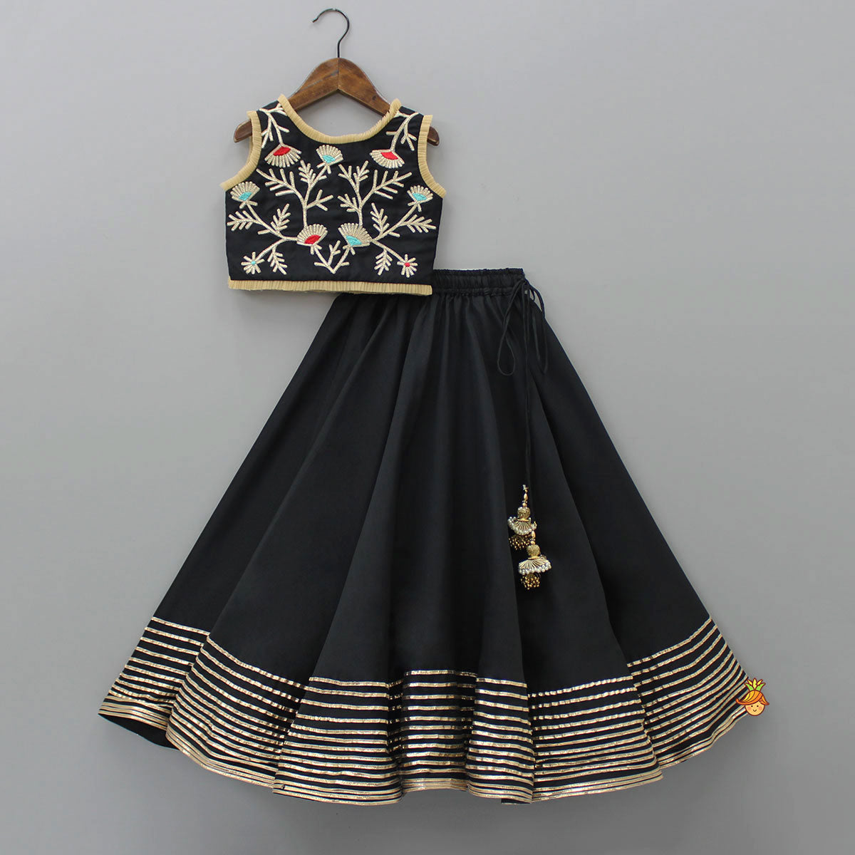 Elegant Pleated Black Top And Gota Lace Work Flared Lehenga With Beige Dupatta