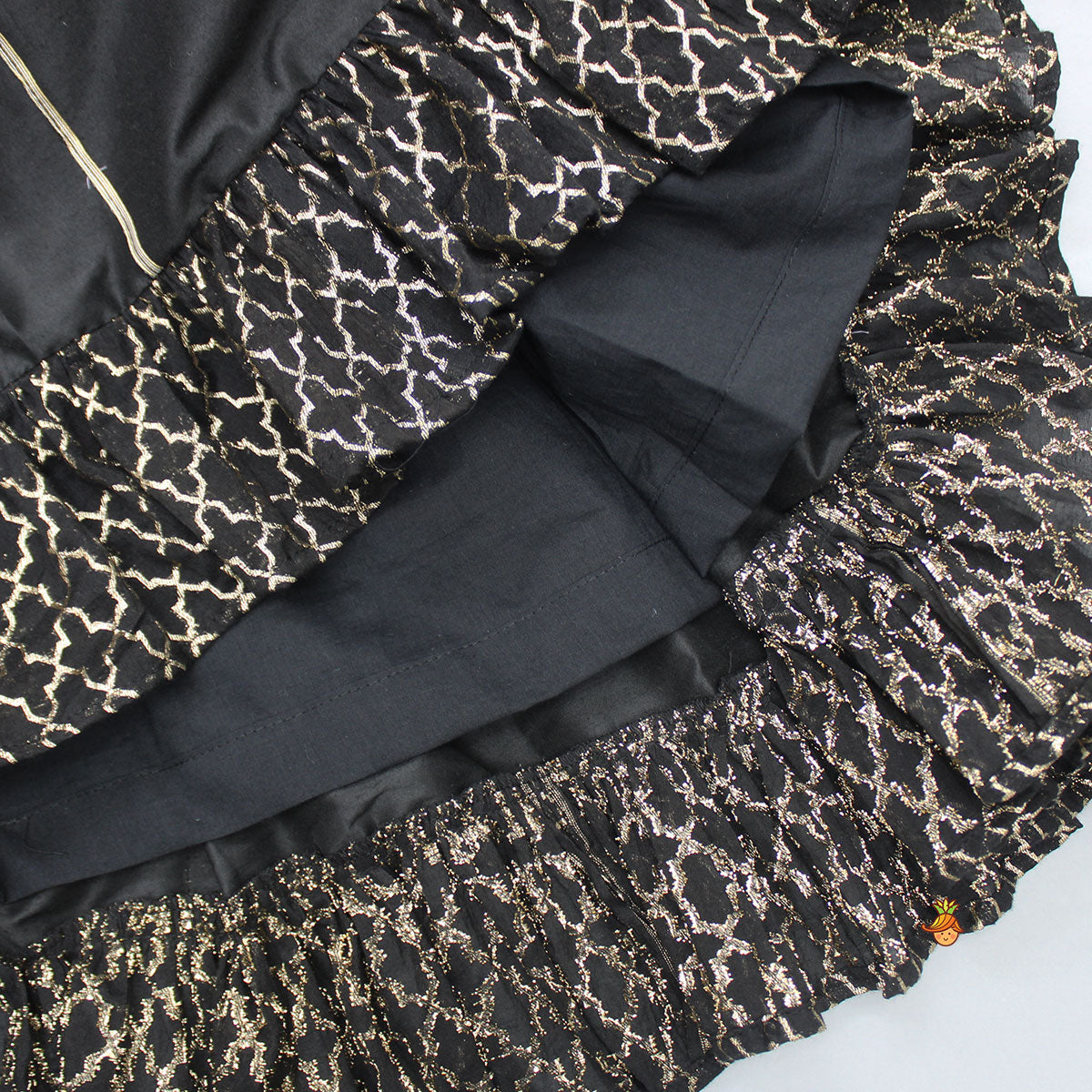 Elegant Black Embroidered One Shoulder Top With Ruffle Hem Lehenga And Gota Lace Detail Dupatta