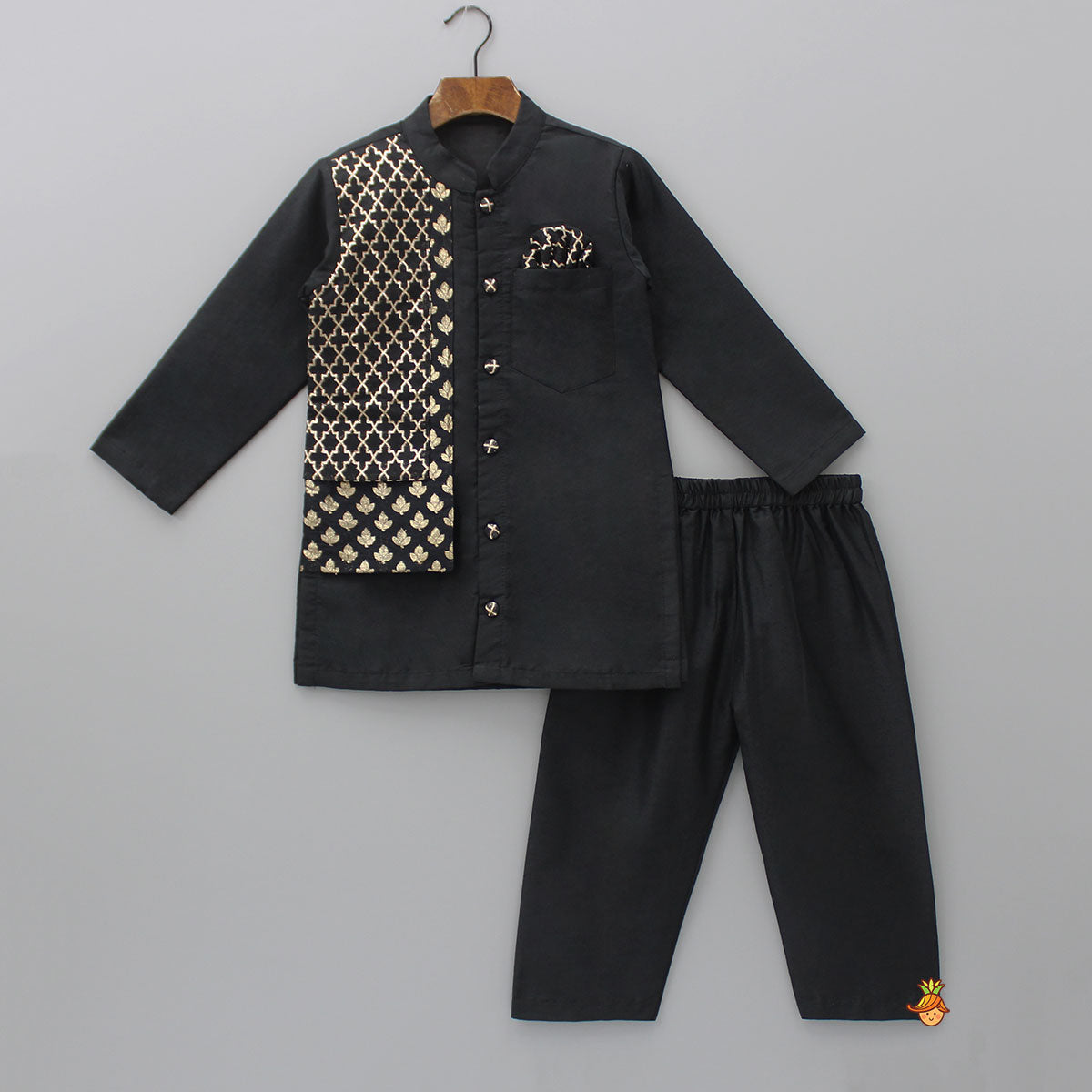 Zari Embroidered Front Open Black Kurta And Pyjama