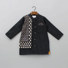 Pre Order: Zari Embroidered Front Open Black Kurta And Pyjama