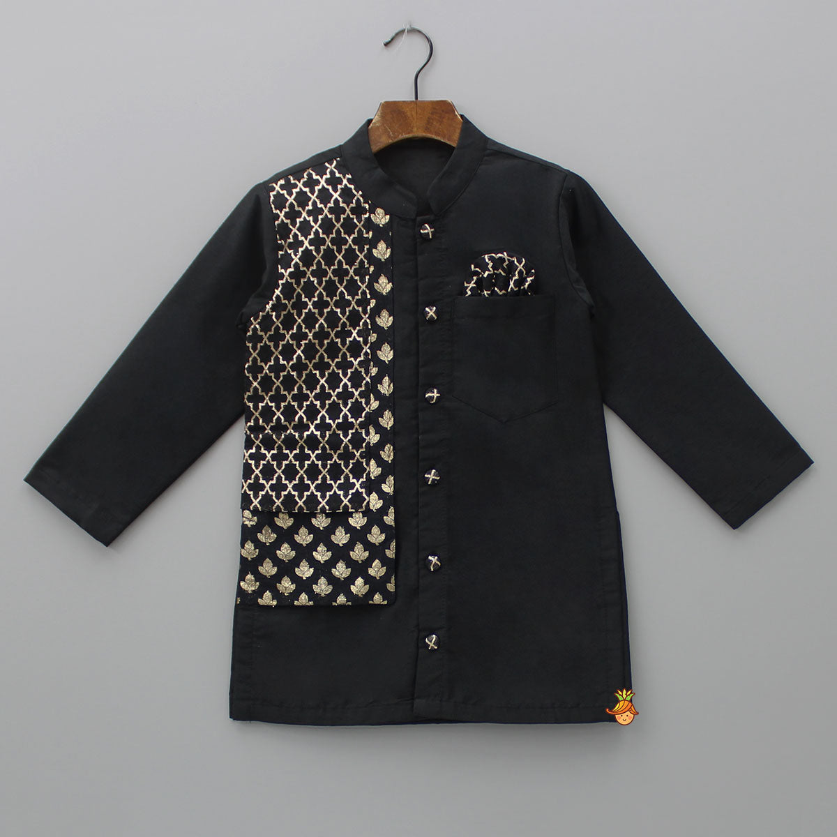 Zari Embroidered Front Open Black Kurta And Pyjama