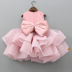 Pre Order: Elegant Pearls Embellished Onion Pink Ruffle Dress With Floral Hair Clip