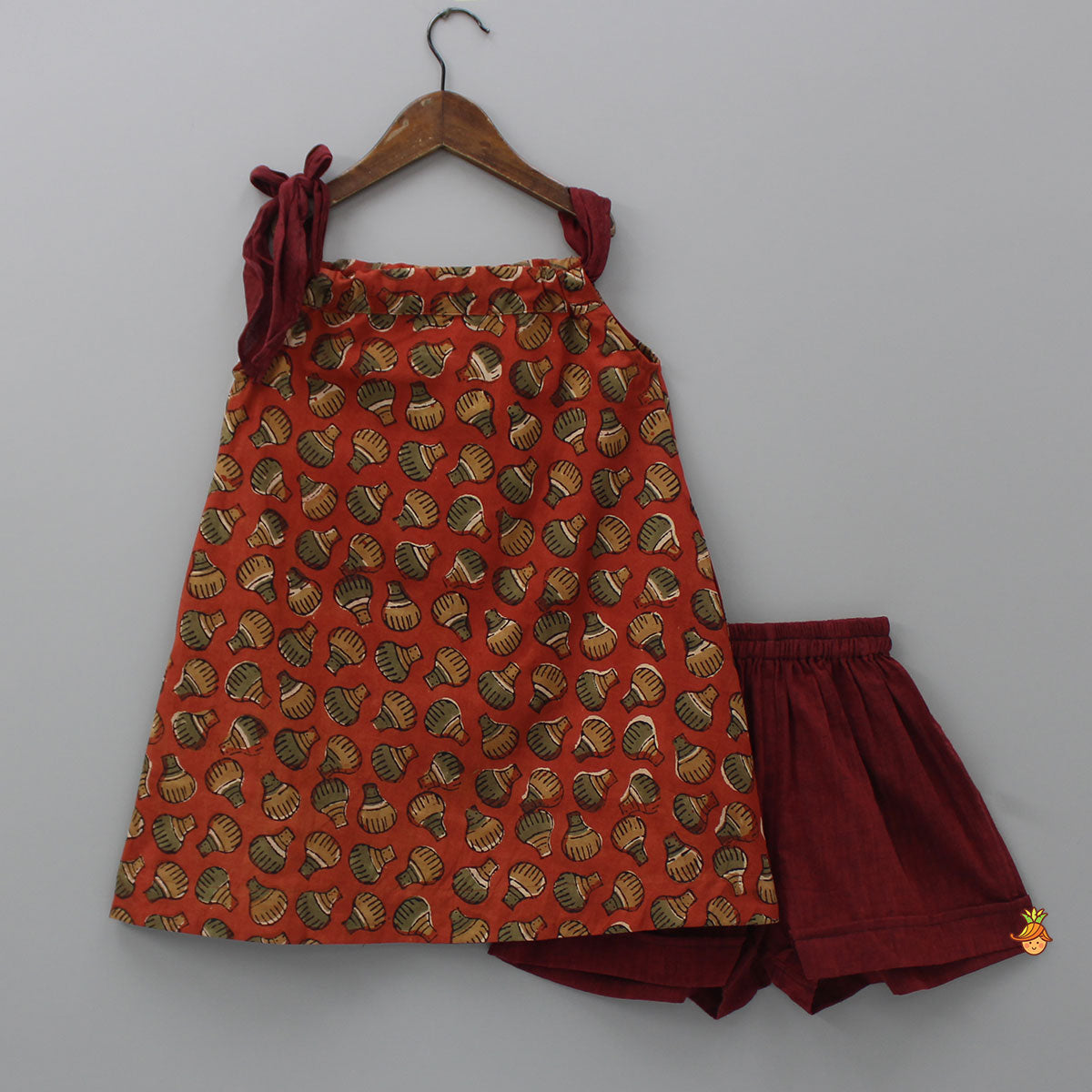 Hand Block Printed Tie Up Top And Burgundy Shorts