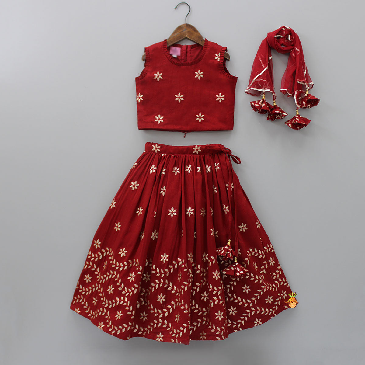 Elegant Red Flower And Leaf Embroidered Top With Lehenga And Gota Lace Work Matching Dupatta