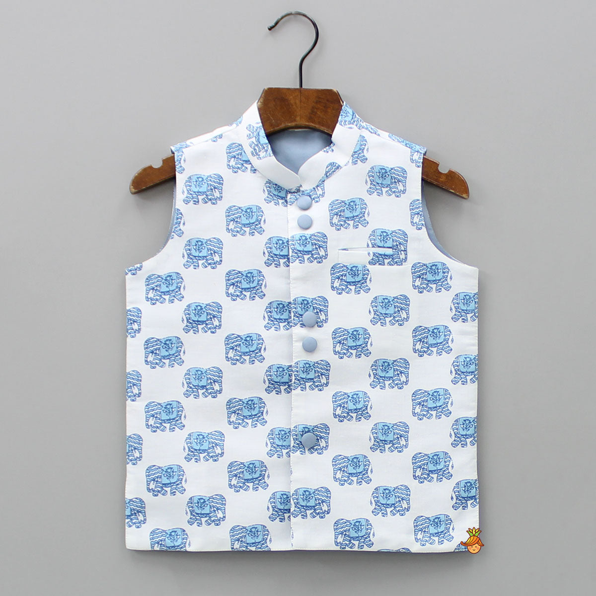 Pre Order: Elephant Printed Mandarin Collar Off White And Blue Jacket