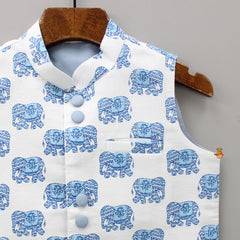 Pre Order: Elephant Printed Mandarin Collar Off White And Blue Jacket