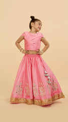 Pre Order: Stylish Baby Pink Pleats Enhanced Top And Adorable Floral Embroidered Lehenga With Matching Lace Work Dupatta