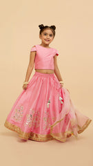 Pre Order: Stylish Baby Pink Pleats Enhanced Top And Adorable Floral Embroidered Lehenga With Matching Lace Work Dupatta