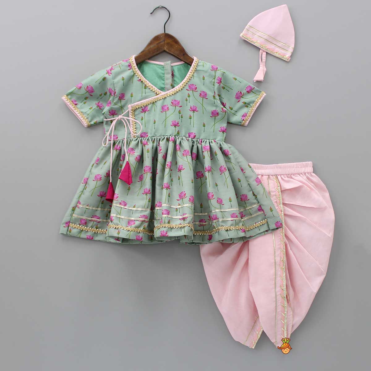 Mint Green Angarkha Style Top And Gota Lace Detailed Baby Pink Dhoti With Matching Mukut