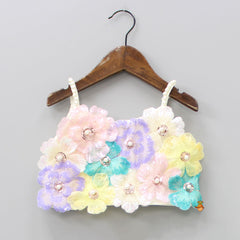 Pre Order: Colourful Flowers Enhanced Off White Pearly Straps Top And Lehenga With Hair Clip
