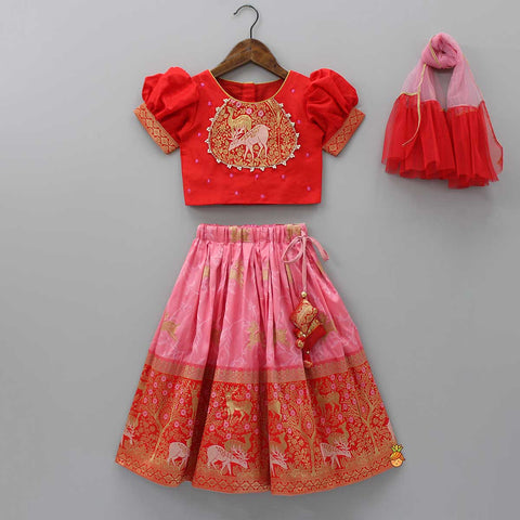 Pre Order: Reindeer Brocade Embroidered Red Top And Dual Tone Lehenga With Ruffle Dupatta
