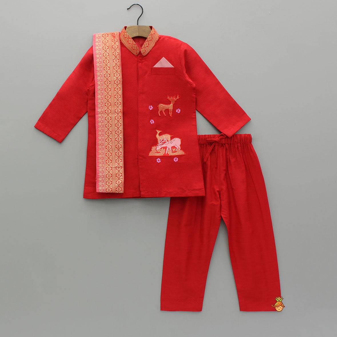 Reindeer Embroidered Red Kurta And Pyjama With Shawl