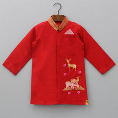 Pre Order: Reindeer Embroidered Red Kurta And Pyjama With Shawl
