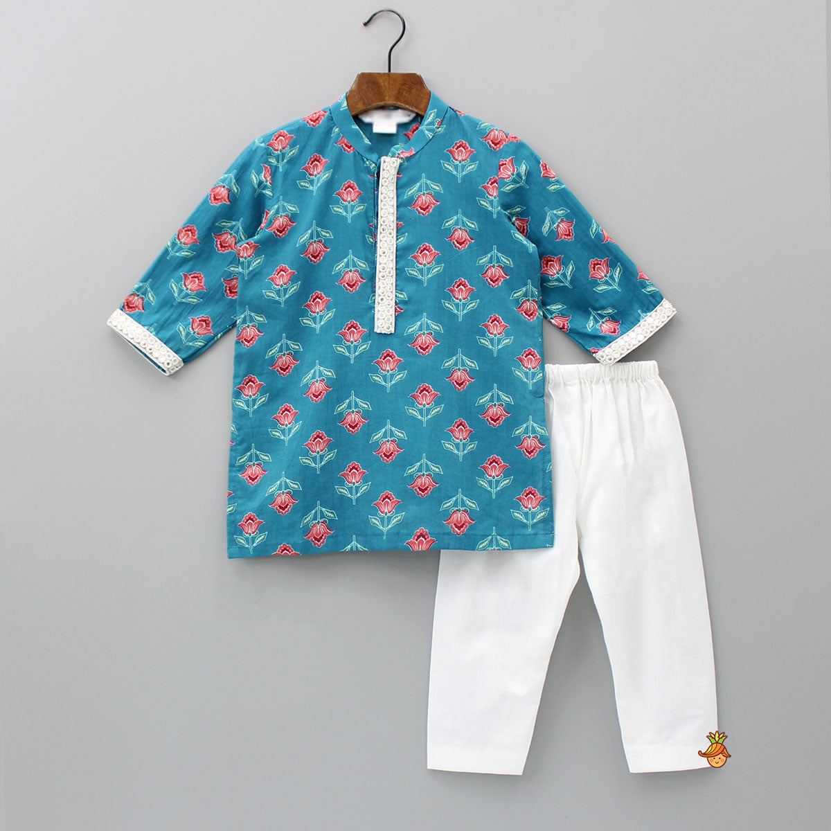 Pre Order: Faux Mirror Lace Detail Placket Sea Blue Kurta And Pyjama