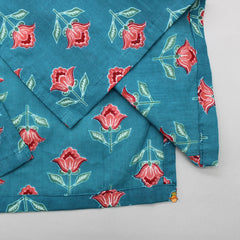 Pre Order: Faux Mirror Lace Detail Placket Sea Blue Kurta And Pyjama