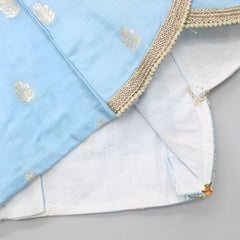 Pre Order: Powder Blue Embroidered Sleeveless Top And Lehenga With Gota Lace Detail Net Dupatta And Potli Bag