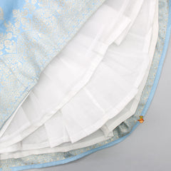 Pre Order: Powder Blue Embroidered Sleeveless Top And Lehenga With Gota Lace Detail Net Dupatta And Potli Bag