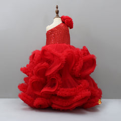 Pre Order: Sequins Embellished One Shoulder Ruffle Layered Party Wear Red Gown