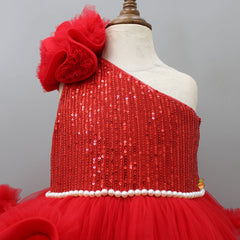 Pre Order: Sequins Embellished One Shoulder Ruffle Layered Party Wear Red Gown