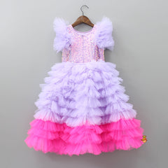 Pre Order: Sequined Lavender Dress With Ruffle Layered Detachable Trail
