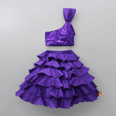 Pre Order: Dazzling Purple Sequined Bowie Top And Multi Layered Lehenga