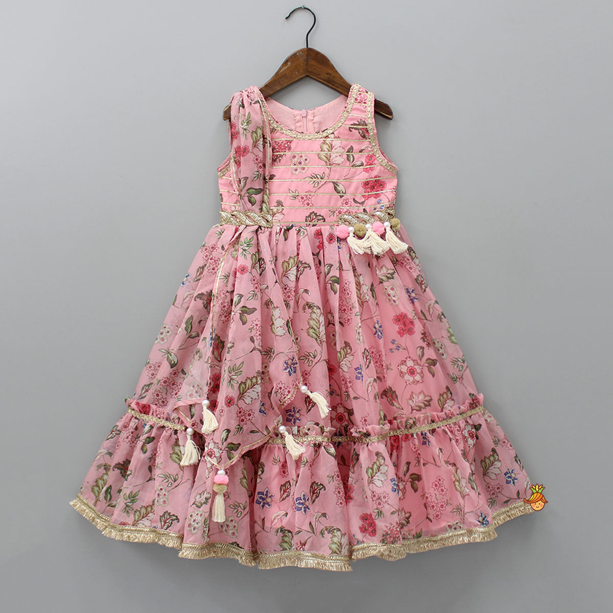 Pre Order: Floral Printed Peach Pink Pleated Anarkali With Attached Dupatta