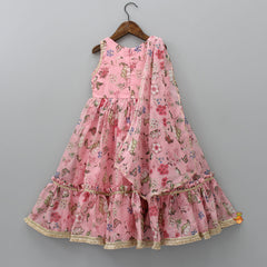 Pre Order: Floral Printed Peach Pink Pleated Anarkali With Attached Dupatta