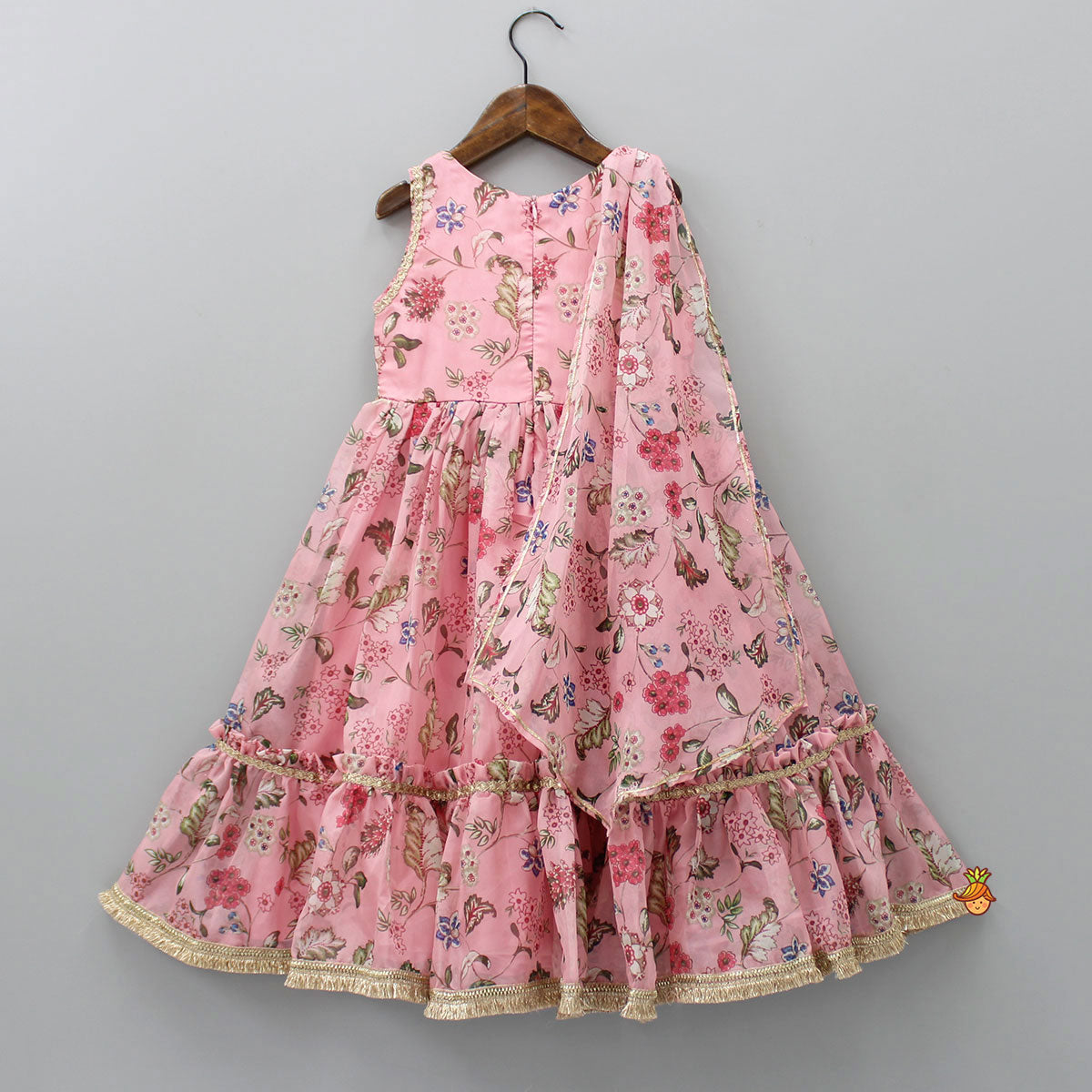 Floral Printed Peach Pink Pleated Anarkali With Attached Dupatta