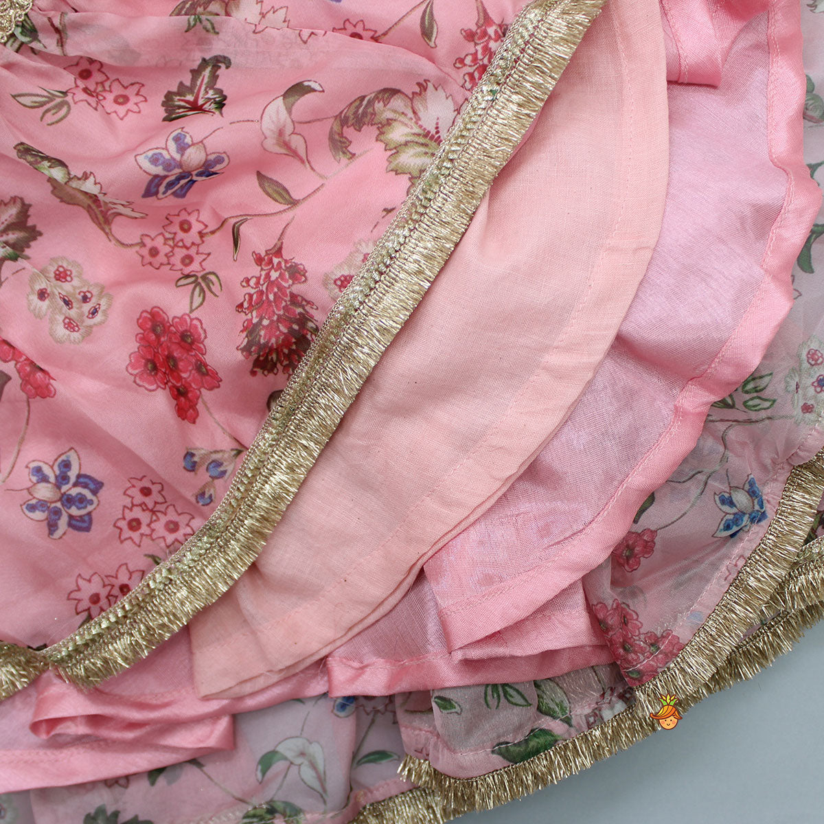 Floral Printed Peach Pink Pleated Anarkali With Attached Dupatta
