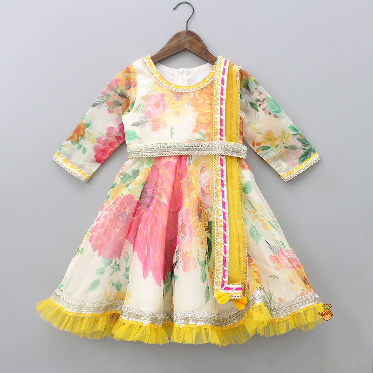 Pre Order: Adorable Blooming Flowers Printed Asymmetric Ruffle Hem Anarkali With Pearls Lace Detail Attached Dupatta
