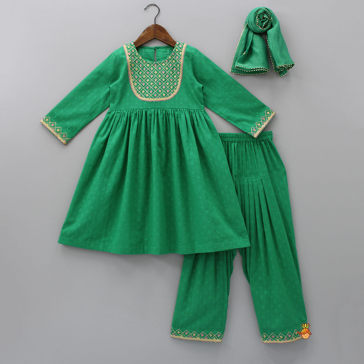 Pre Order: Yoke Embroidered Green Round Neck Kurti And Salwar With Gota Lace Work Dupatta