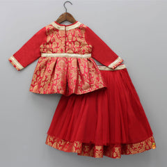 Pre Order: Brocade Embroidered Red Box Pleated Top And Layered Lehenga With Matching Diagonal Gota Lace Work Dupatta